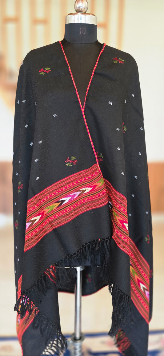 Shawl – Kullu Single Patti Floral – Black – Wool