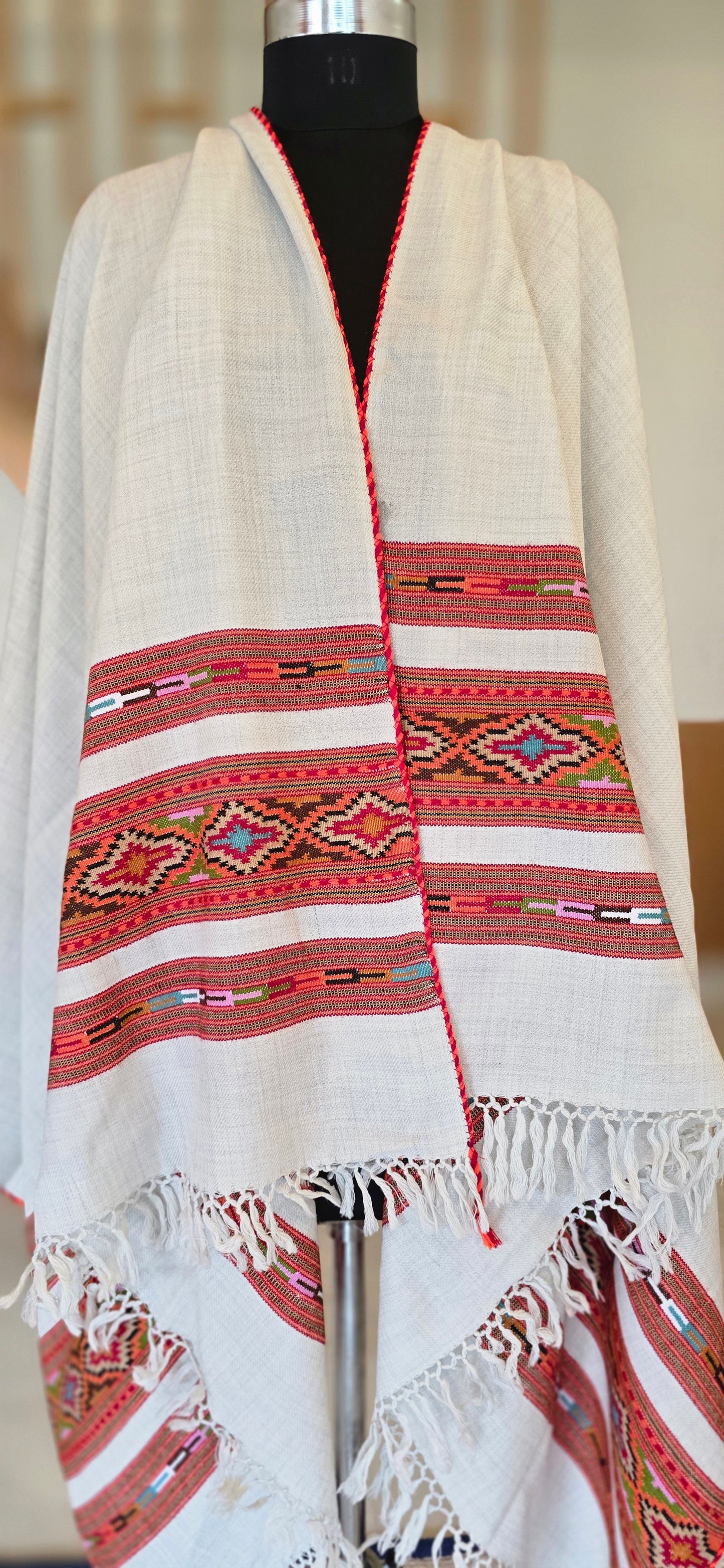 Shawl – Kullu Teen Patti – White – Wool