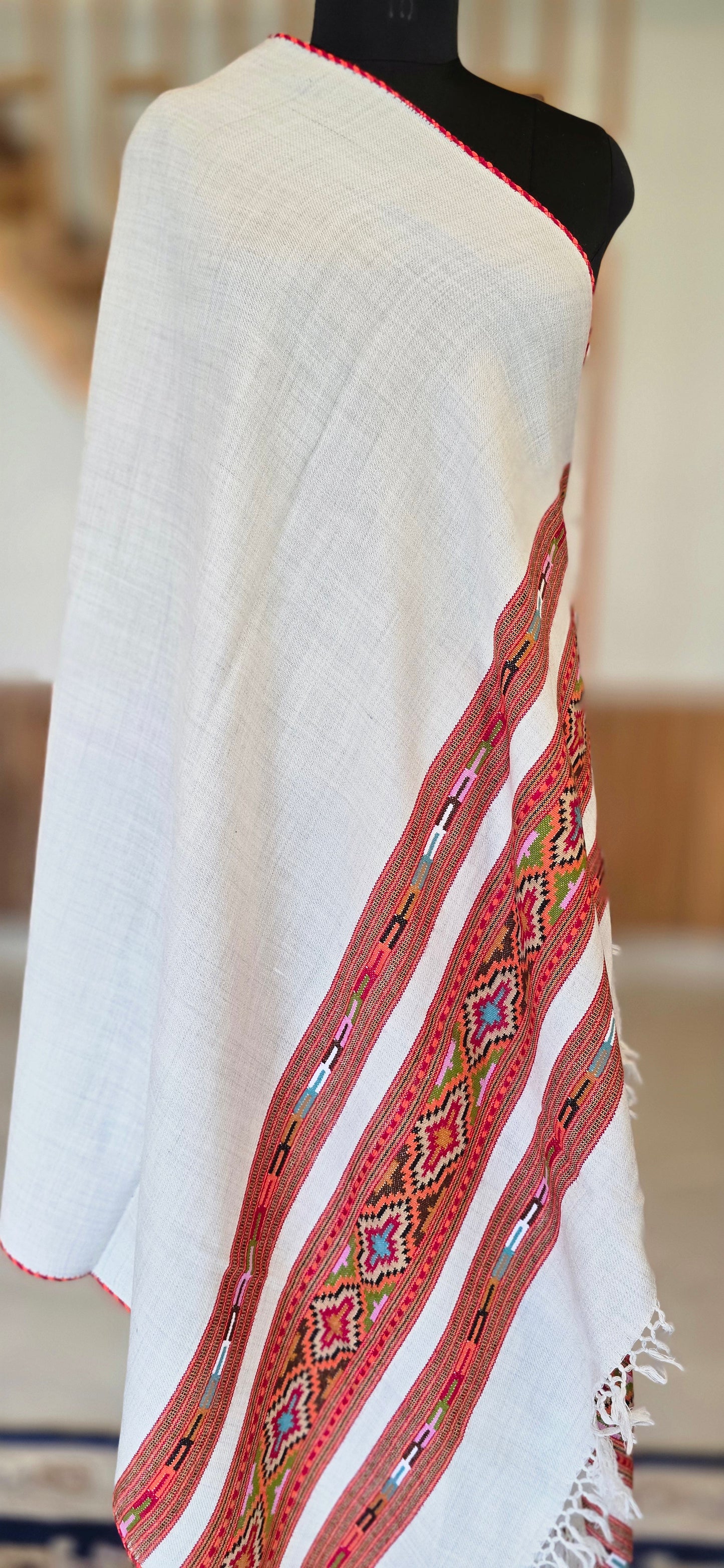 Shawl – Kullu Teen Patti – White – Wool