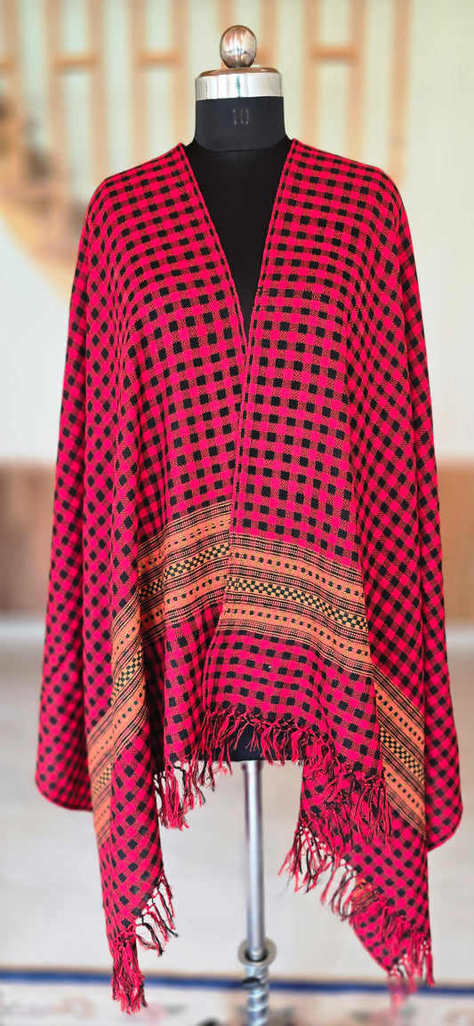 Woolen Kullu Stole - Check Pattern Red