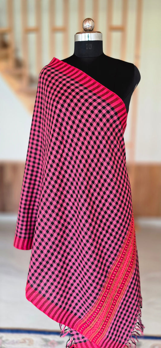 Woolen Kullu Stole - Check Pattern - Pink