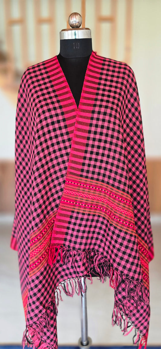 Woolen Kullu Stole - Check Pattern - Pink