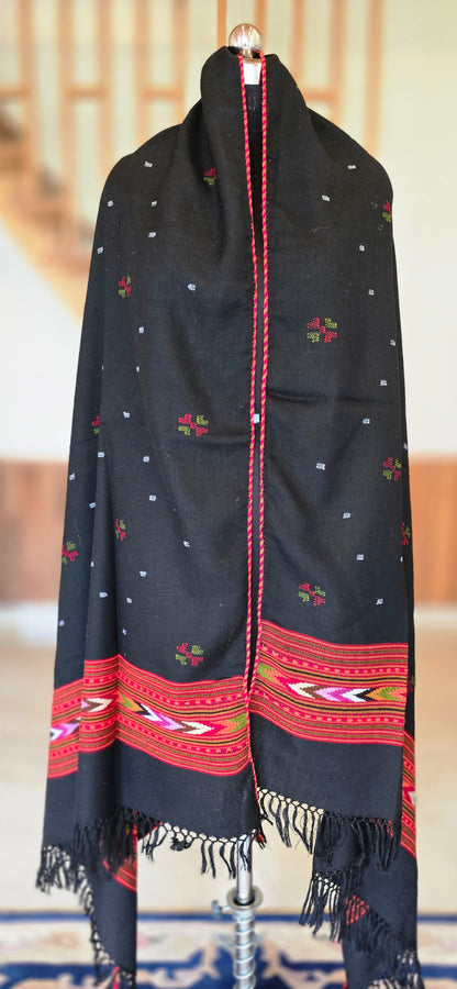 Shawl – Kullu Single Patti Floral – Black – Wool