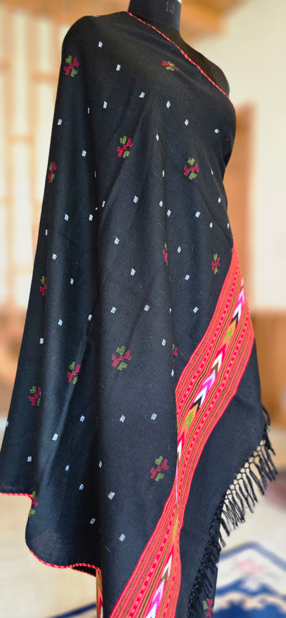 Shawl – Kullu Single Patti Floral – Black – Wool