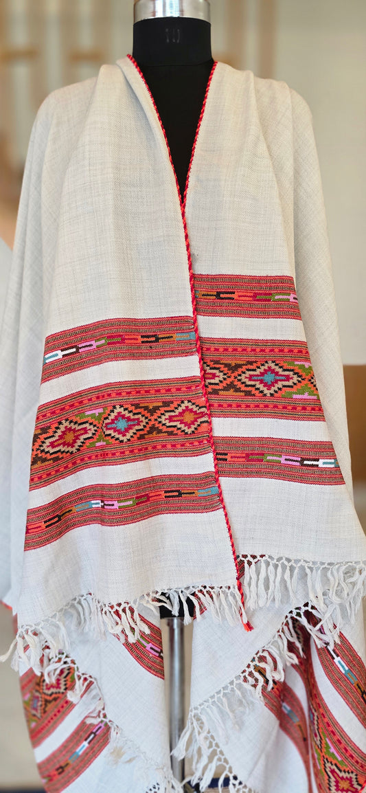 Shawl – Kullu Teen Patti – White – Wool