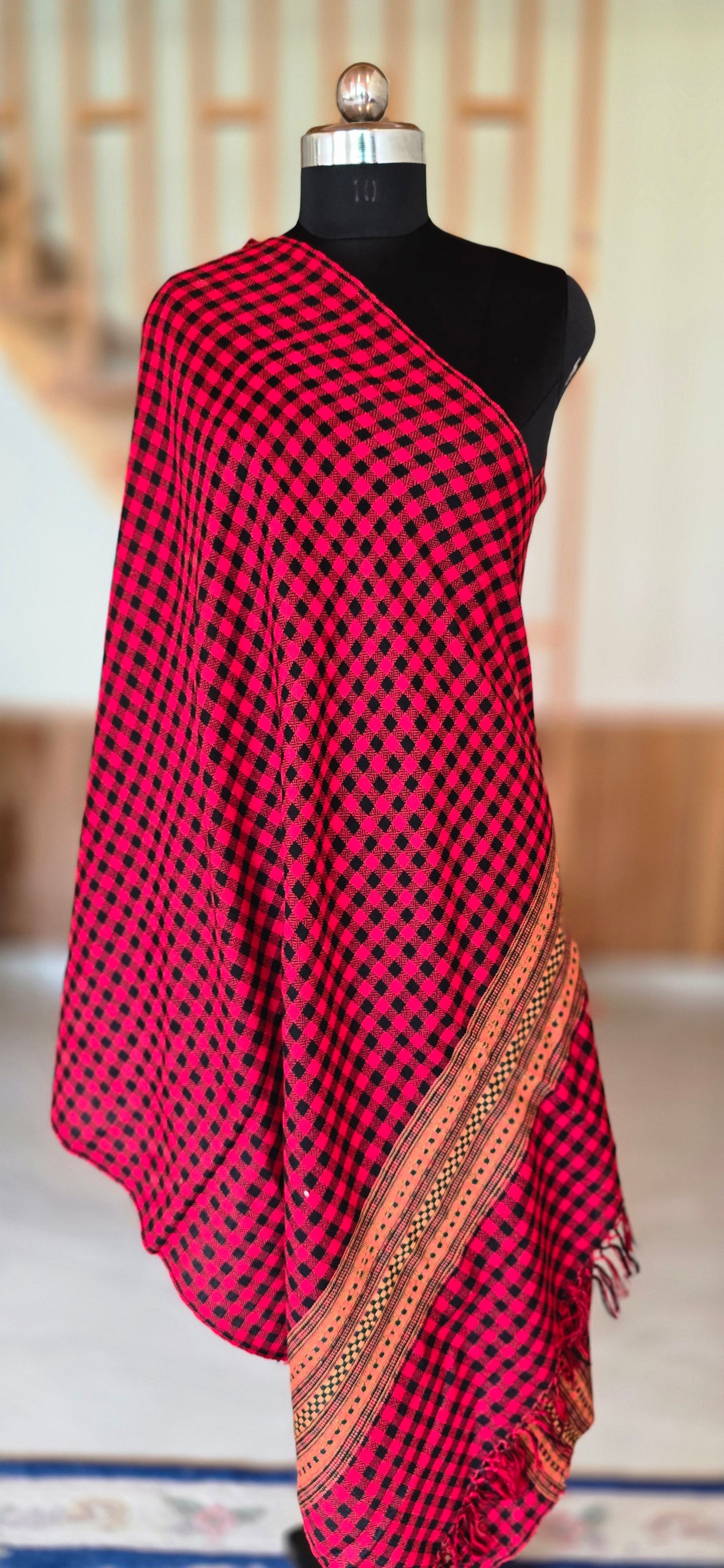 Woolen Kullu Stole - Check Pattern Red