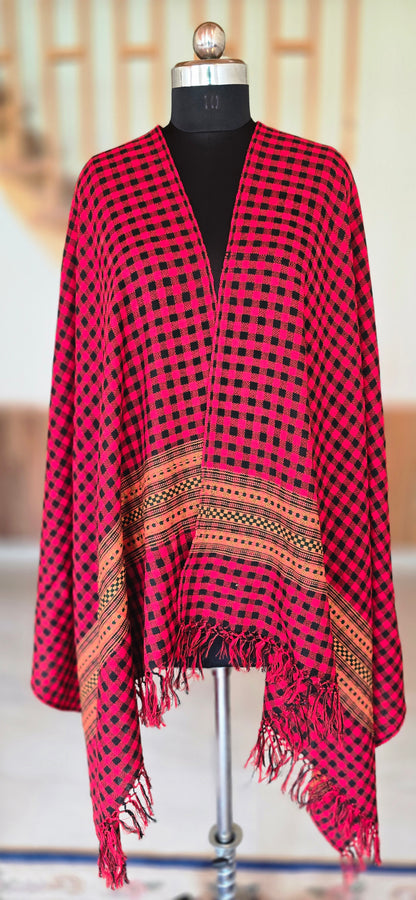 Woolen Kullu Stole - Check Pattern Red