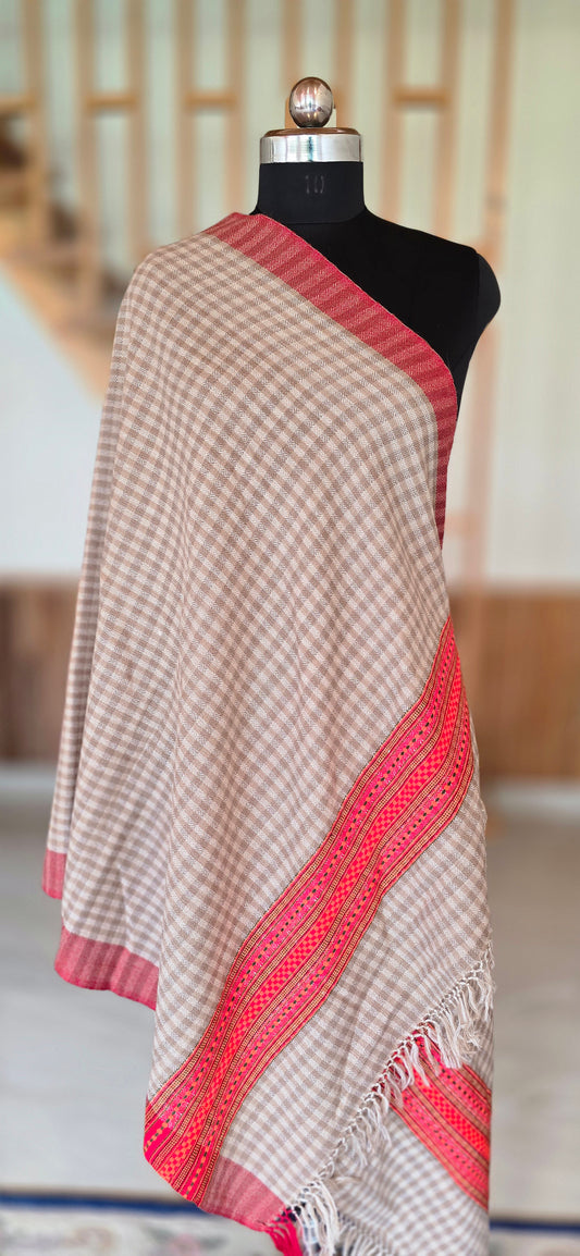 Woolen Kullu Stole - Check Pattern - Cream