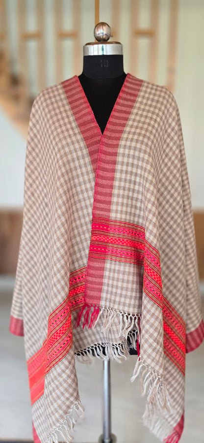 Woolen Kullu Stole - Check Pattern - Cream